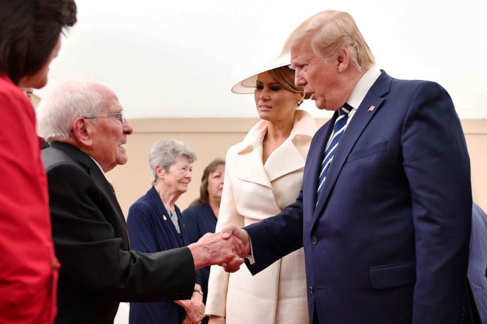 PHOTO: President Donald Trump and First Lady Melania Trump meet veterans during the D-Day 75 National Commemorative event in Portsmouth, England, June 5, 2019. 