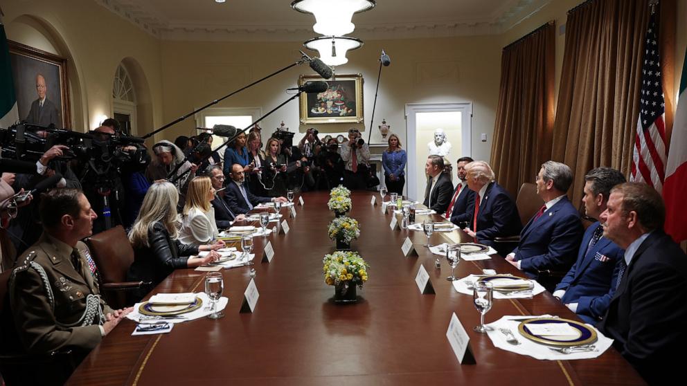 PHOTO: President Donald Trump and members of his cabinet sit down for lunch with Italian Prime Minister Giorgia Meloni and her visiting officials in the Cabinet Room at the White House on April 17, 2025 in Washington, DC.
