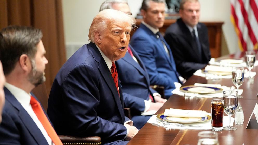 PHOTO: President Donald Trump speaks before a luncheon with Italy's Prime Minister Giorgia Meloni in the Cabinet Room of the White House, Thursday, April 17, 2025, in Washington.