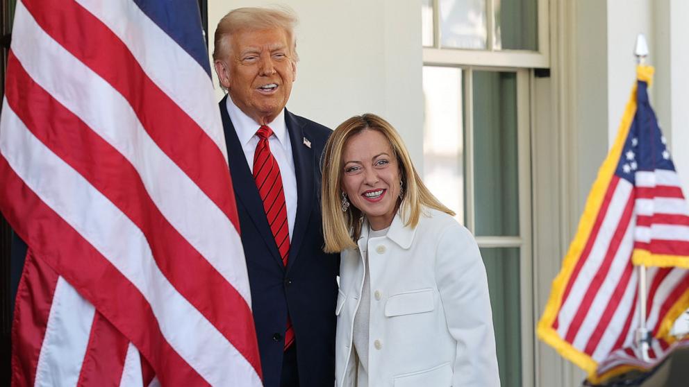 PHOTO: President Donald Trump greets Italian Prime Minister Giorgia Meloni outside the West Wing of the White House on April 17, 2025 in Washington, DC.