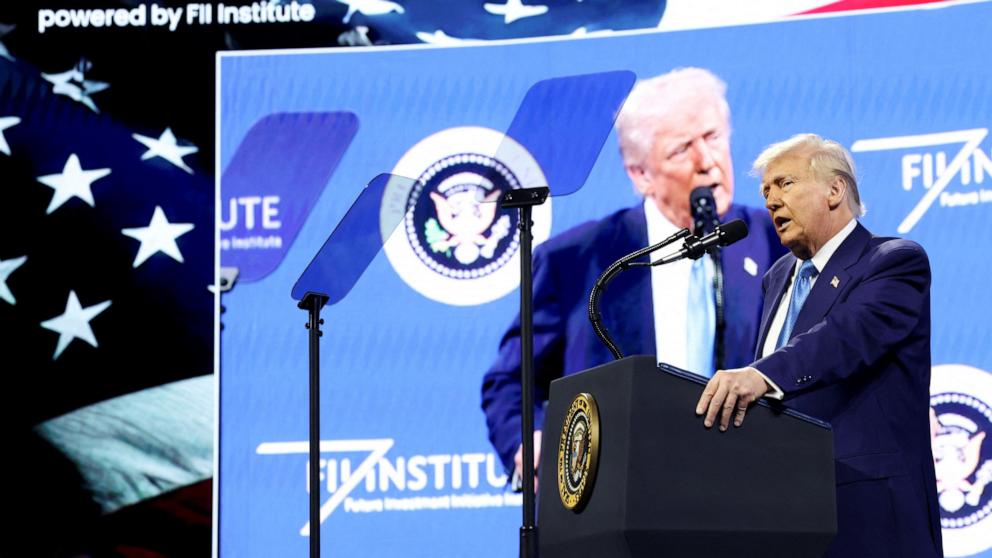 PHOTO: President Donald Trump speaks at an FII Priority Saudi Investment summit in Miami, Florida, Feb. 19, 2025.  
