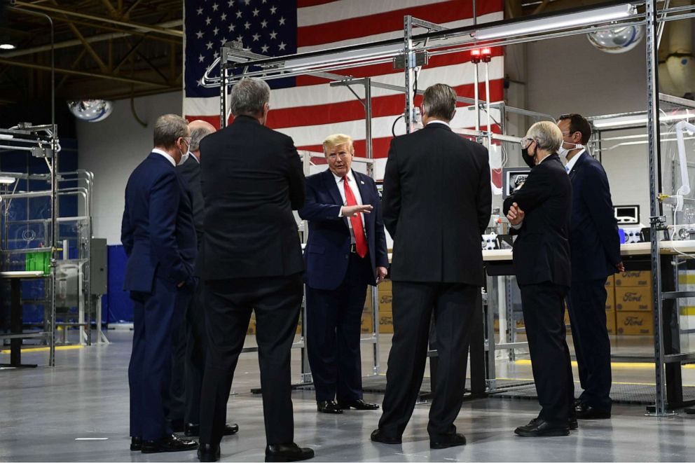 PHOTO: President Donald Trump tours the Ford Rawsonville Plant, that has been converted to making personal protection and medical equipment, in Ypsilanti, Mich., May 21, 2020.
