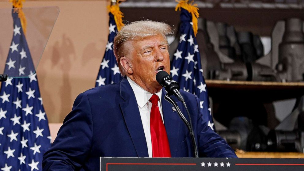 PHOTO: Former President Donald Trump speaks in Clinton Township, Mich., on Sept. 27, 2023.