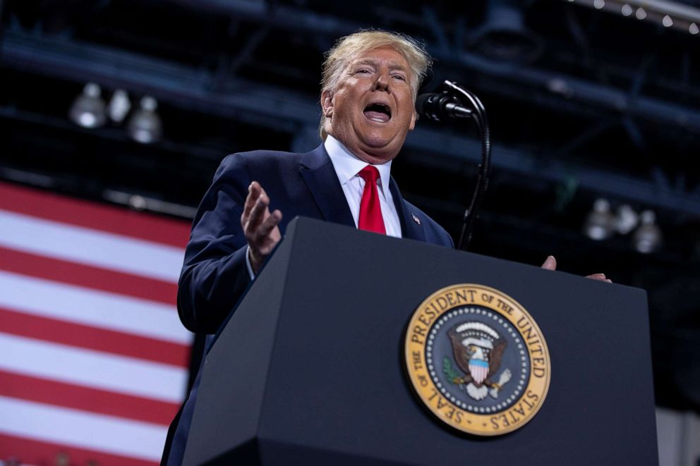 PHOTO: President Donald Trump speaks during a campaign rally at Kellogg Arena, Wednesday, Dec. 18, 2019, in Battle Creek, Mich.