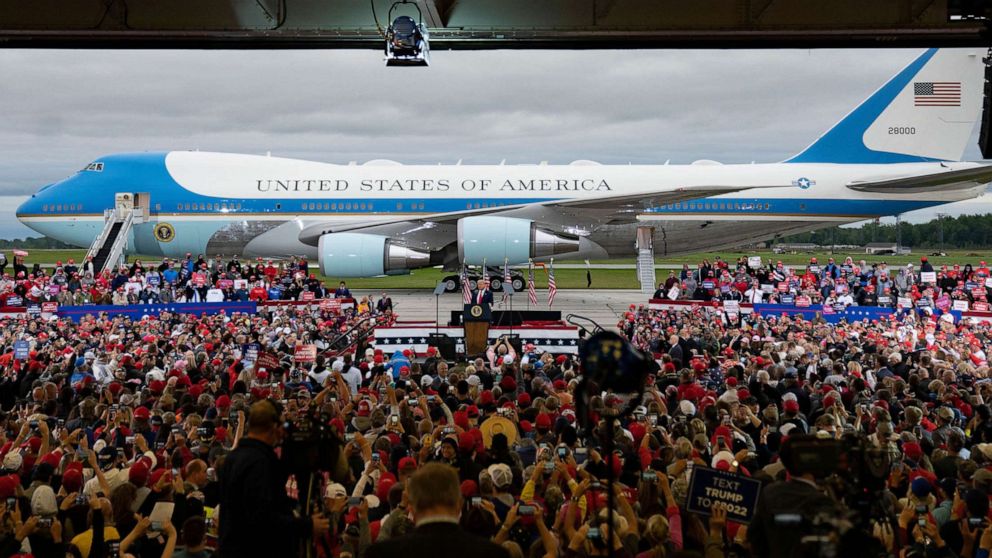 PHOTO: President Donald Trump speaks during a campaign rally at MBS International Airport in Freeland, Mich., Sept. 10. 2020.