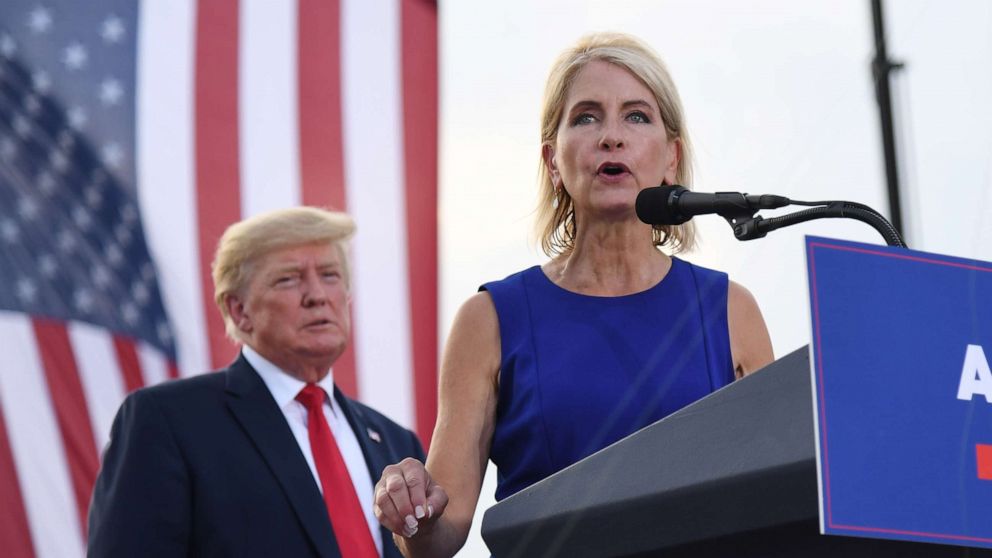 PHOTO: Rep. Mary Miller gives remarks after receiving an endorsement during a Save America Rally with forme President Donald Trump at the Adams County Fairgrounds, on June 25, 2022 in Mendon, Illinois.