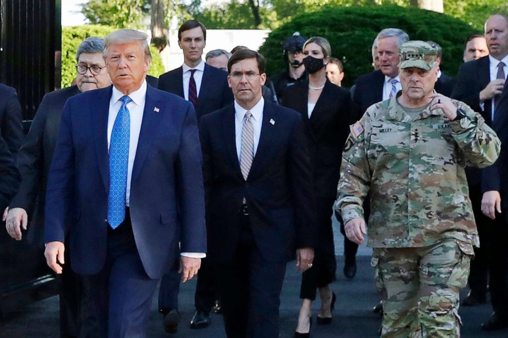PHOTO: President Donald Trump departs the White House to visit St. John's Church, along with Attorney General William Barr, left, Secretary of Defense Mark Esper, center, and Gen. Mark Milley, chairman of the Joint Chiefs of Staff, right, June 1, 2020.