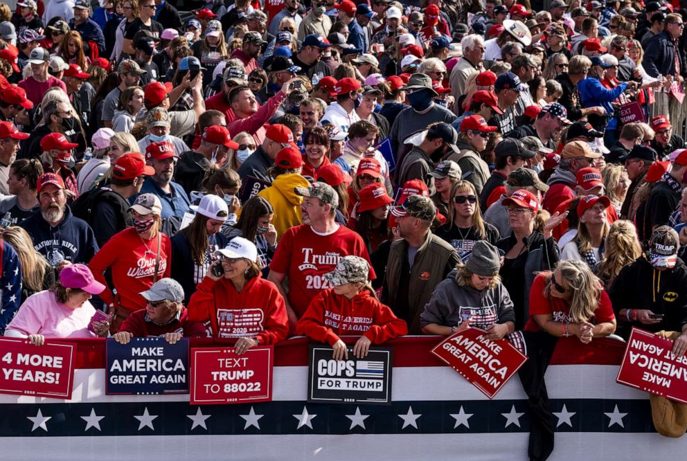 PHOTO: Supporters gather before President Donald Trump arrives for a rally at the Bemidji Regional Airport on Sept. 18, 2020, in Bemidji, Minn.