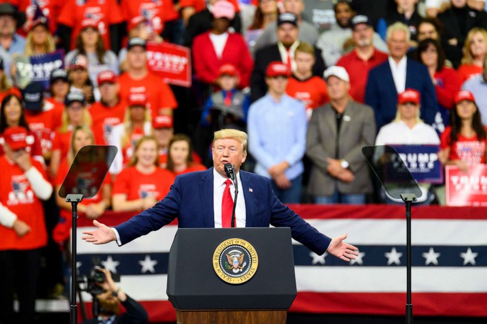 PHOTO: President Donald Trump speaks on stage during a campaign rally at the Target Center on Oct. 10, 2019 in Minneapolis.
