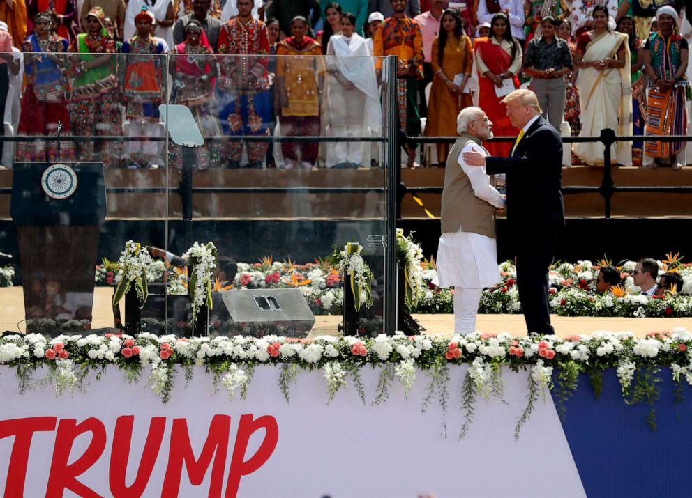 PHOTO: President Donald Trump and Indian Prime Minister Narendra Modi greet each other at Sardar Patel Stadium in Ahmedabad, India, Feb. 24, 2020.