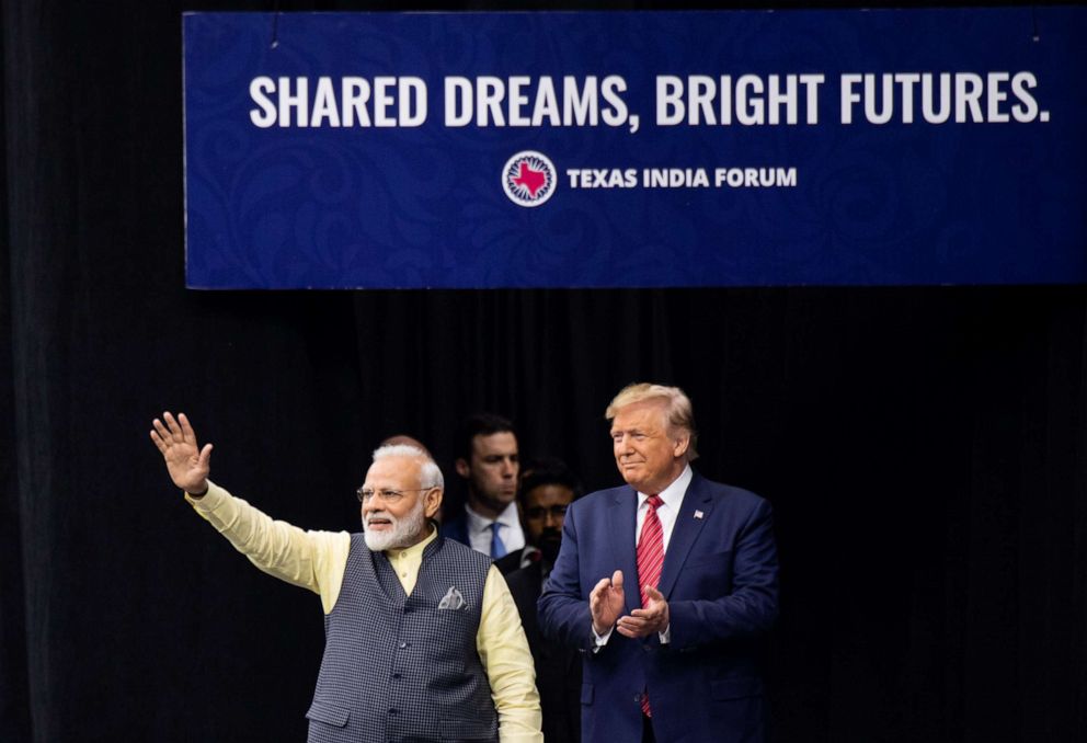 PHOTO: President Donald Trump and Indian Prime Minister Narendra Modi attend "Howdy, Modi!" at NRG Stadium in Houston, Texas, Sept. 22, 2019.