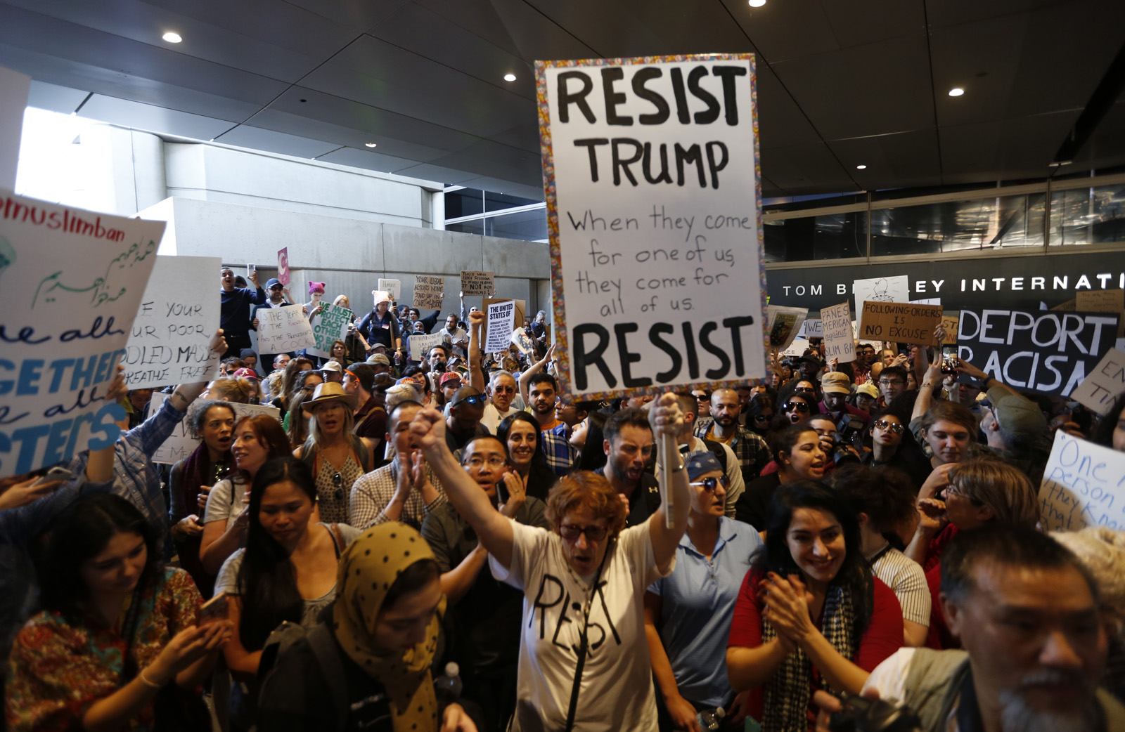 PHOTO: Hundreds of people continue to protest President Donald Trump's travel ban at the Tom Bradley International Terminal at LAX on January 29, 2017 in Los Angeles, California.