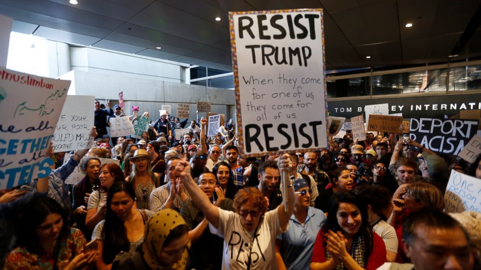 PHOTO: Hundreds of people continue to protest President Donald Trump's travel ban at the Tom Bradley International Terminal at LAX on January 29, 2017 in Los Angeles, California.