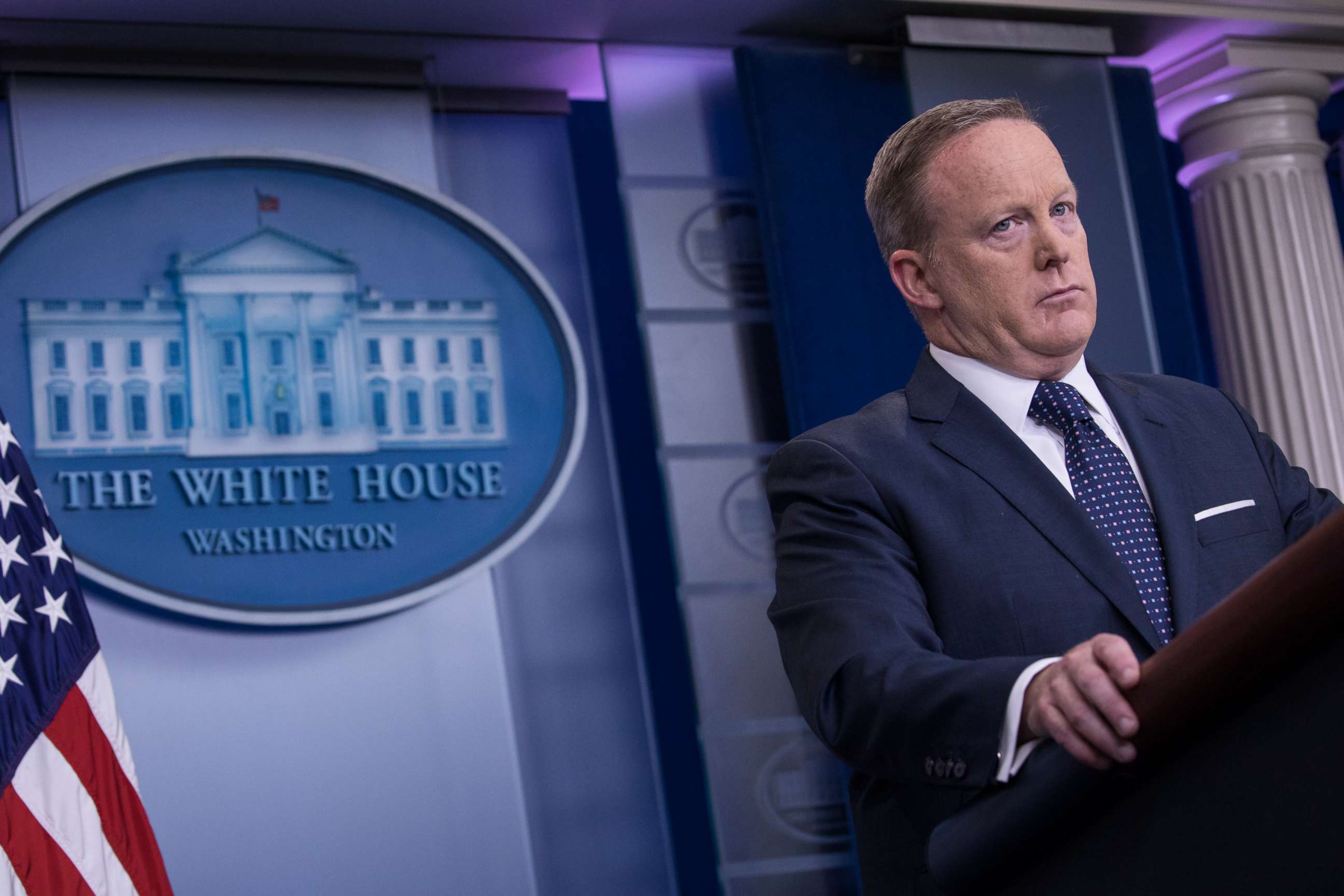 PHOTO: White House Press Secretary Sean Spicer during a press briefing in the James S. Brady Press Briefing Room of the White House, Friday, June 2, 2017. 