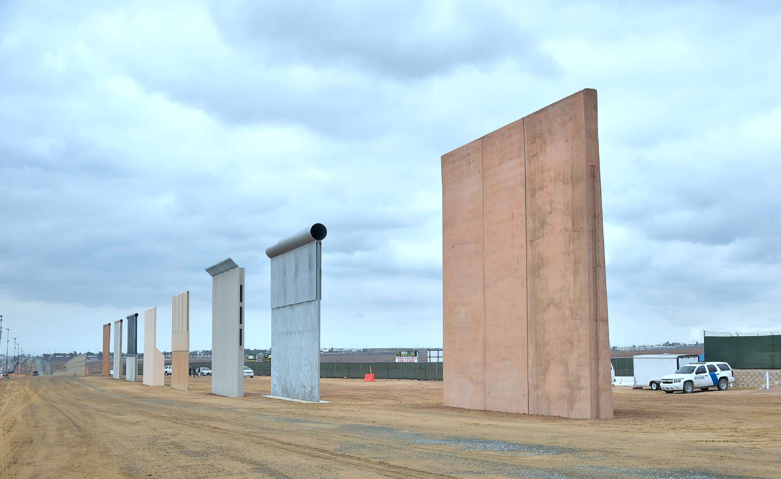 PHOTO: A Homeland Security border patrol vehicle monitors the border area where prototypes of President Trump's proposed border wall are standing, Nov. 1, 2017 in San Diego, California.