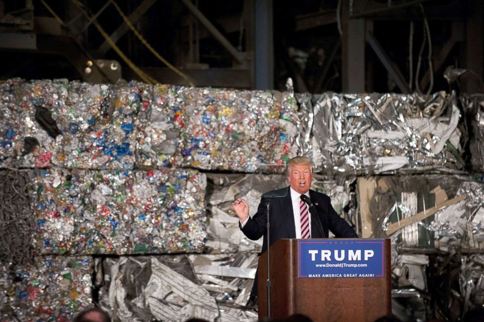 PHOTO: Donald Trump speaks to guests during a policy speech at Alumisource, June 28, 2016, in Monessen, Pennsylvania.