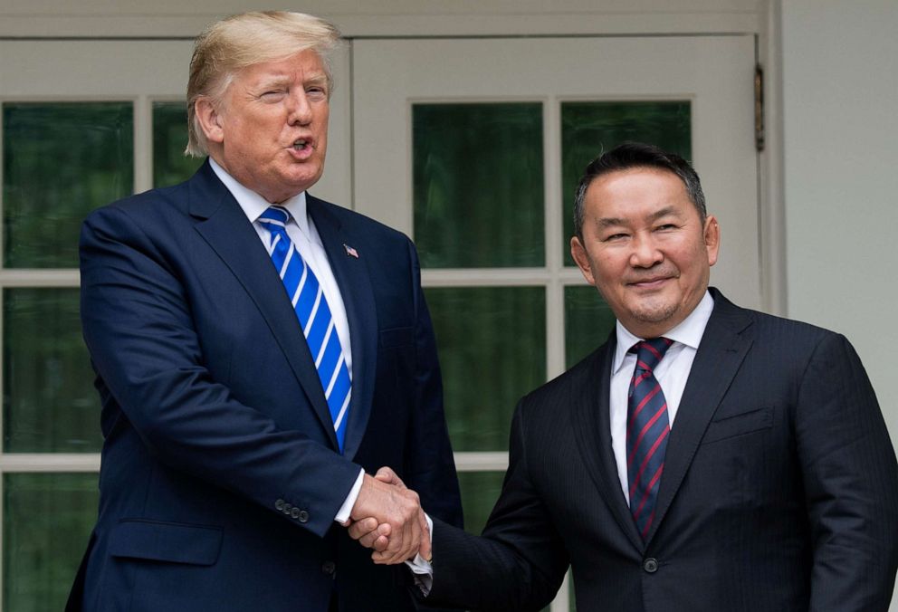 PHOTO: President Donald Trump shakes hands with Mongolian President Khaltmaa Battulga in the Rose Garden of the White House in Washington, D.C., on July 31, 2019