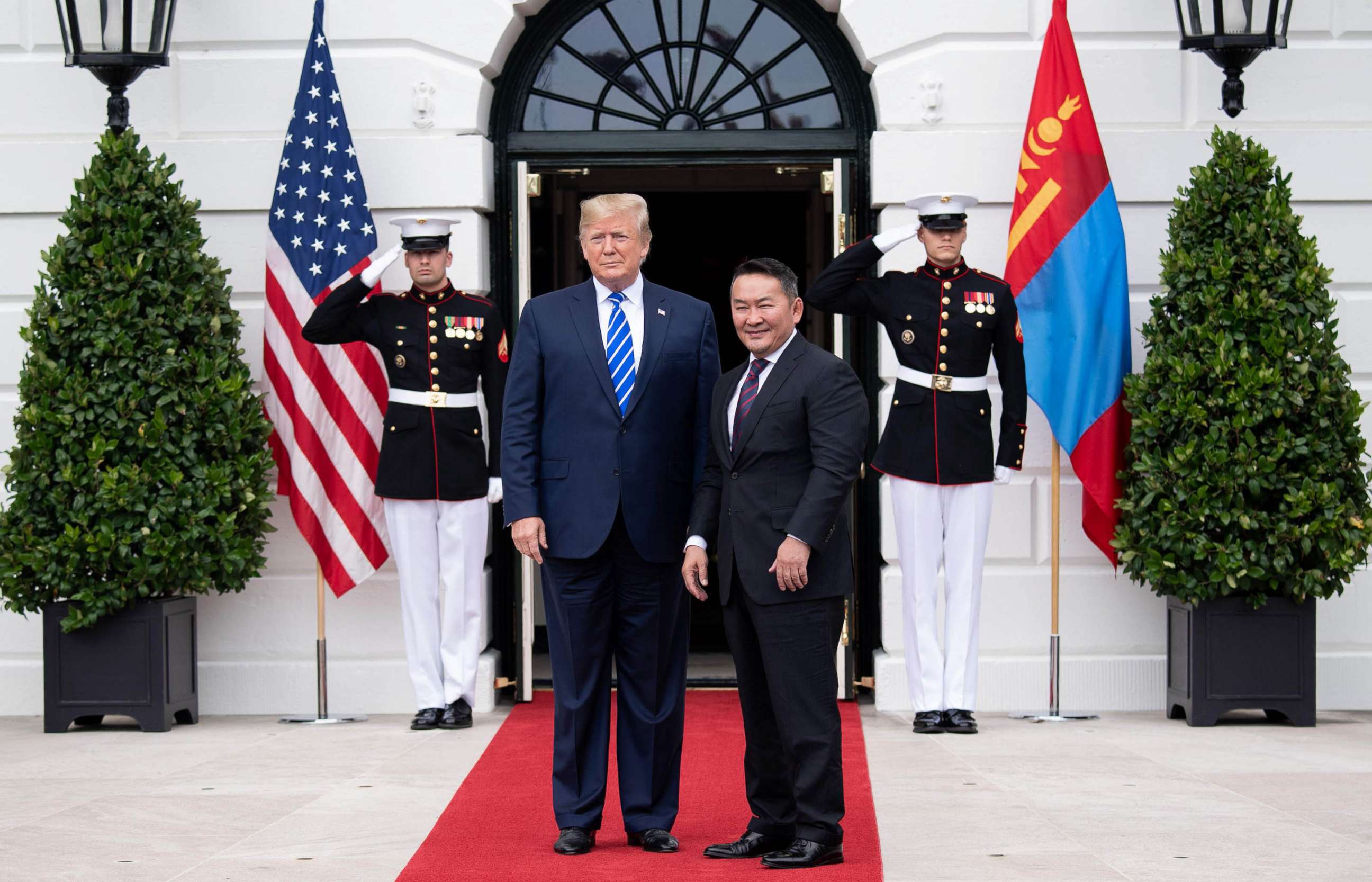 PHOTO: President Donald Trump welcomes Mongolian President Khaltmaa Battulga to the White House in Washington, D.C., on July 31, 2019.