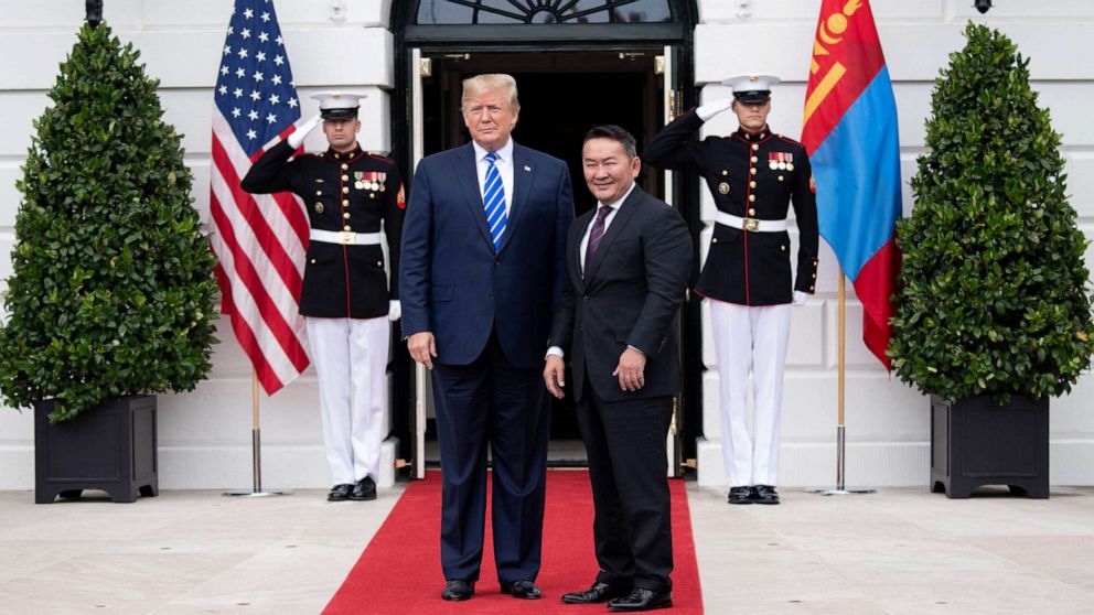 PHOTO: President Donald Trump welcomes Mongolian President Khaltmaa Battulga to the White House in Washington, D.C., on July 31, 2019.