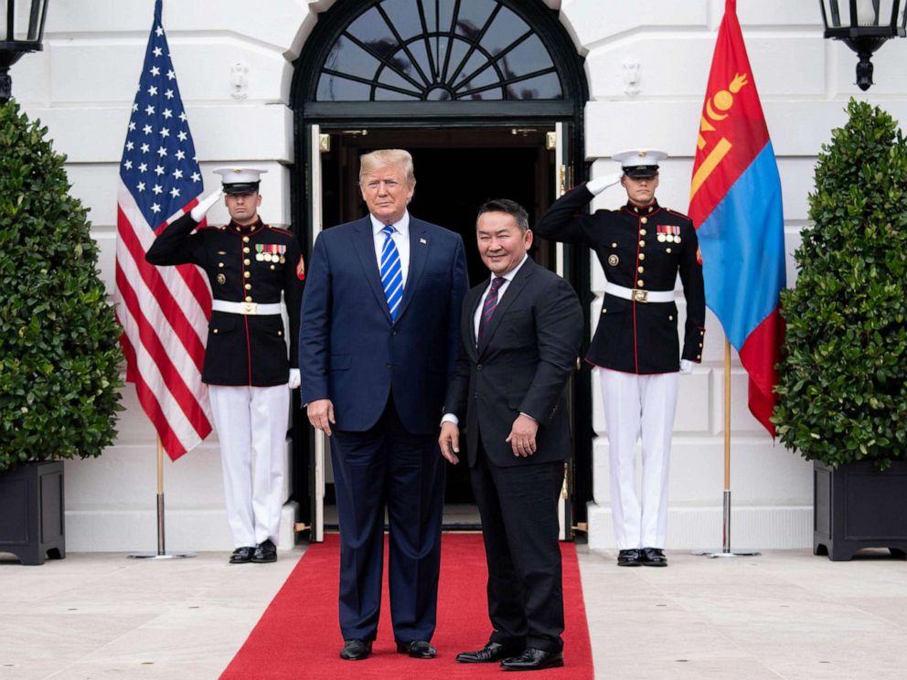 PHOTO: President Donald Trump welcomes Mongolian President Khaltmaa Battulga to the White House in Washington, D.C., on July 31, 2019.