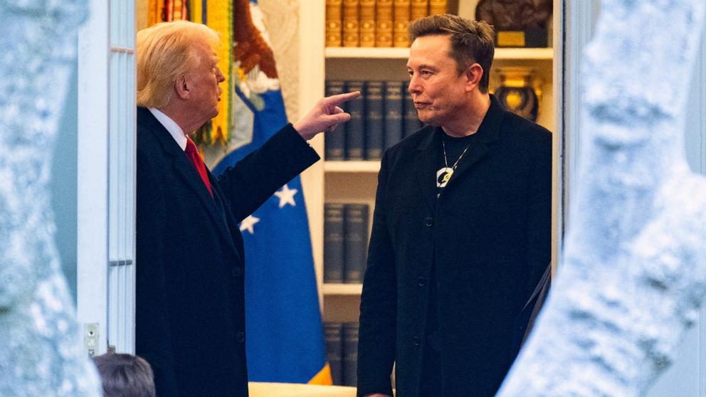 PHOTO: President Donald Trump and Elon Musk speak before departing the White House on his way to his South Florida home in Mar-a-Lago in Florida on March 14, 2025.