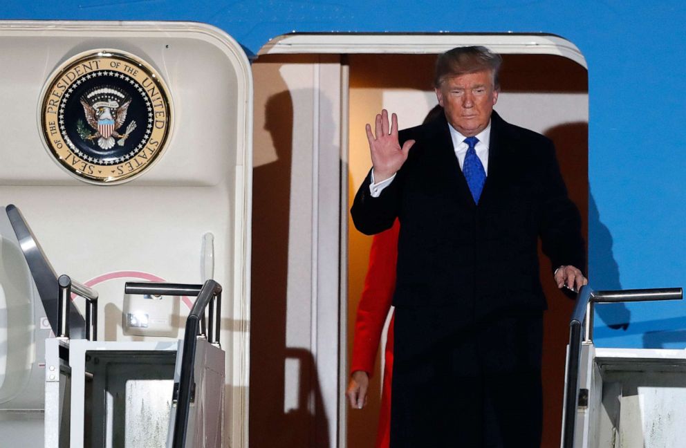 PHOTO: President Donald Trump and first lady Melania Trump arrive at Stansted Airport in England, Dec. 2, 2019.