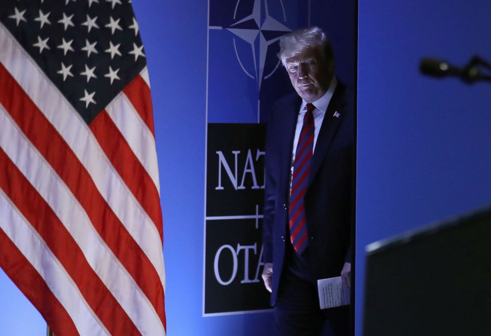 PHOTO: President Donald Trump arrives for a press conference on the second day of the 2018 NATO Summit on July 12, 2018 in Brussels, Belgium.