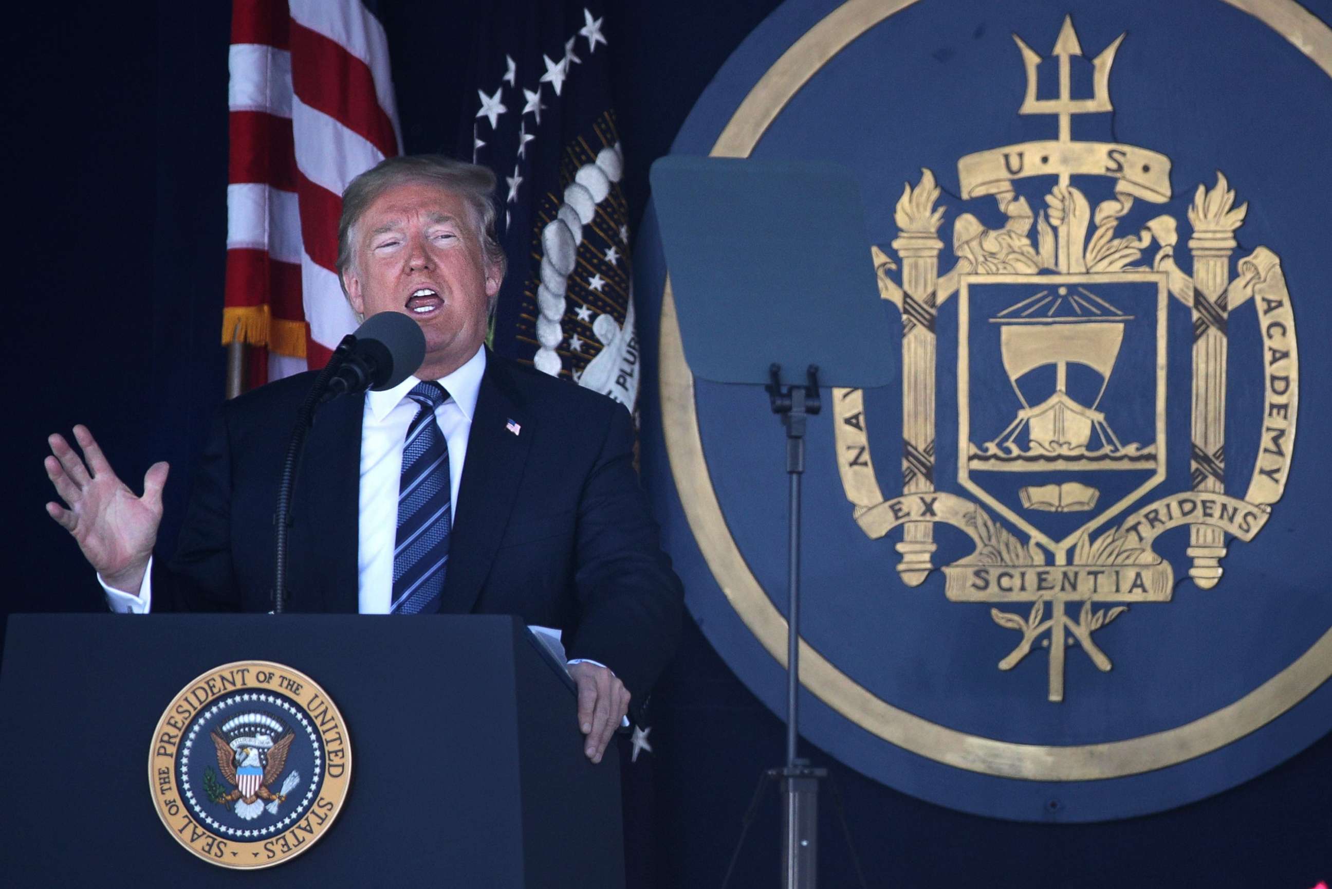 PHOTO: President Donald Trump addresses a U.S. Naval Academy graduation ceremony at the Navy-Marine Corps Memorial Stadium, May 25, 2018 in Annapolis, Md.