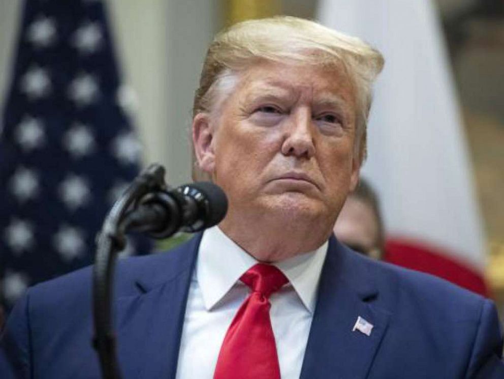 PHOTO: President Donald Trump takes questions from the press after the US-Japan Trade Agreement and US-Japan Digital Trade Agreement were signed in the Roosevelt Room of the White House in Washington, D.C., Oct. 7, 2019.