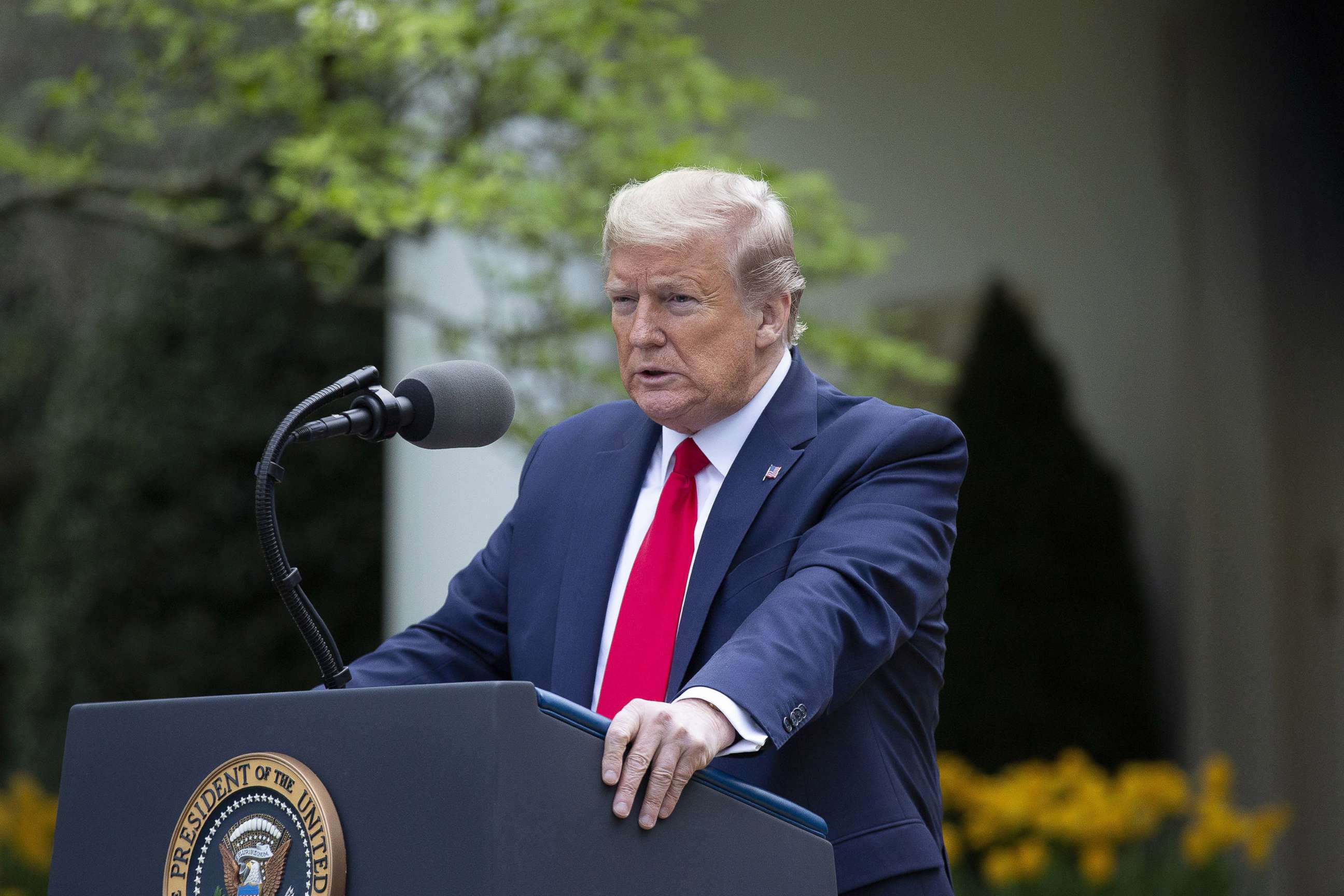 PHOTO: President Donald Trump delivers remarks during a news conference in the Rose Garden of the White House in Washington D.C., April 14, 2020.