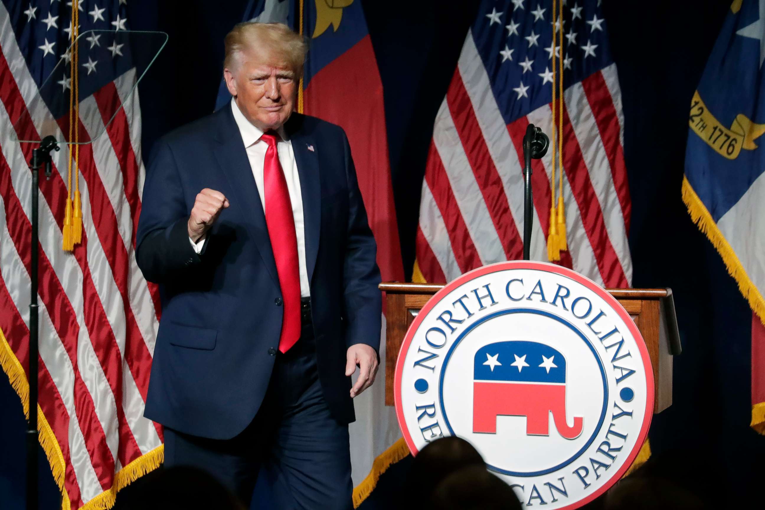 PHOTO: Former President Donald Trump acknowledges the crowd as he speaks at the North Carolina Republican Convention Saturday, June 5, 2021, in Greenville, N.C.