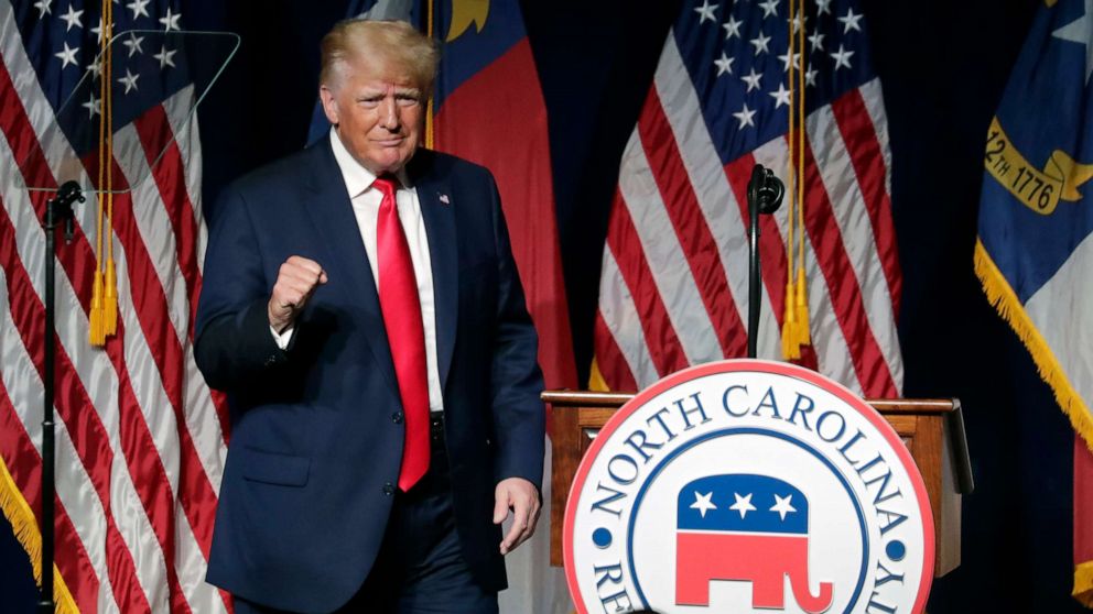 PHOTO: Former President Donald Trump acknowledges the crowd as he speaks at the North Carolina Republican Convention Saturday, June 5, 2021, in Greenville, N.C.