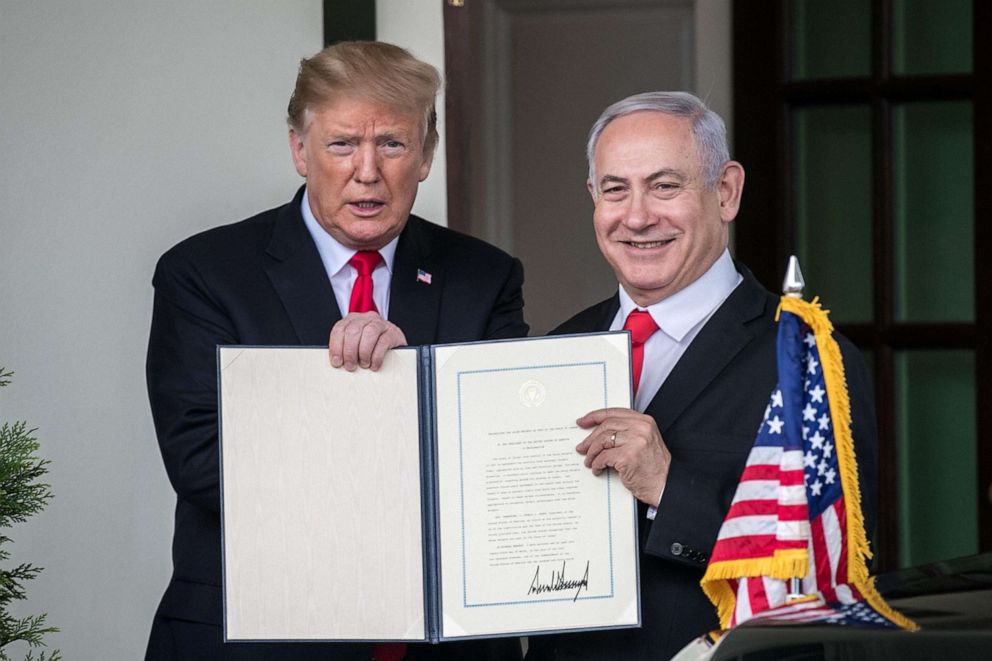PHOTO: File photo of President Donald Trump, left, and Prime Minister of Israel Benjamin Netanyahu showing media the proclamation Trump signed on recognizing Israel's sovereignty over Golan Heights at the White House on March 25, 2019, in Washington.