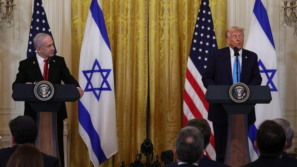 PHOTO: U.S. President Donald Trump and Israeli Prime Minister Benjamin Netanyahu hold a joint press conference in the East Room at the White House in Washington, Feb. 4, 2025.