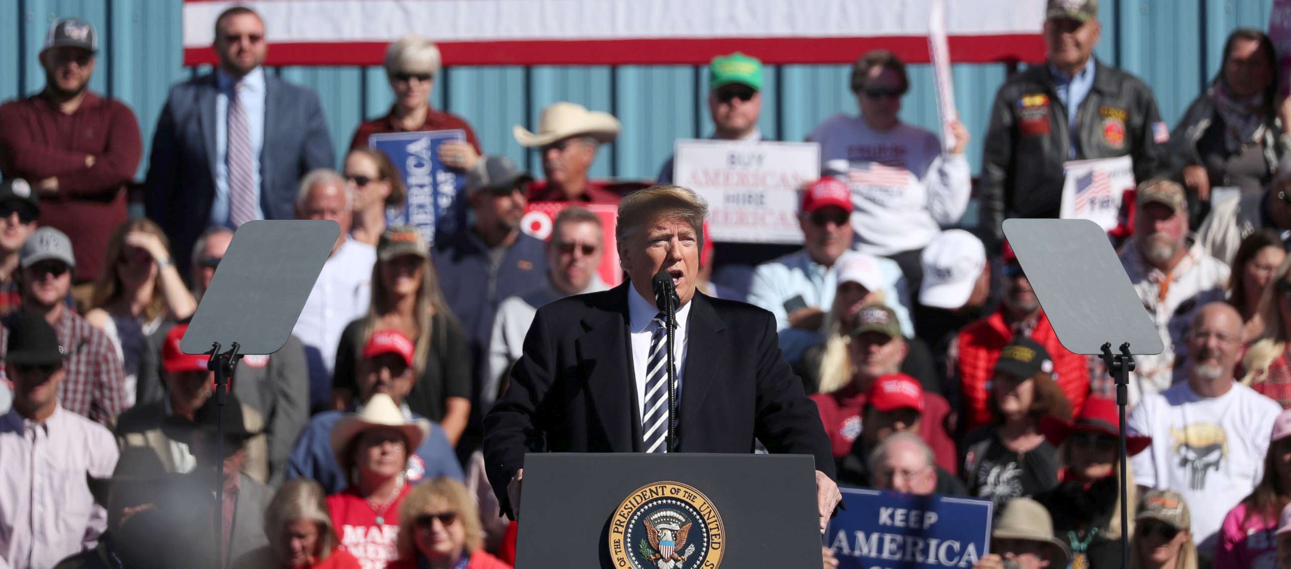 PHOTO: President Donald Trump addresses the audience during a campaign rally at Elko Regional Airport in Elko, Nev., Oct. 20, 2018. 