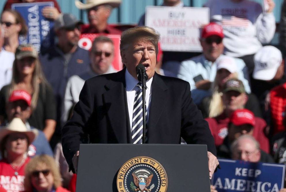 PHOTO: President Donald Trump addresses the audience during a campaign rally at Elko Regional Airport in Elko, Nev., Oct. 20, 2018. 