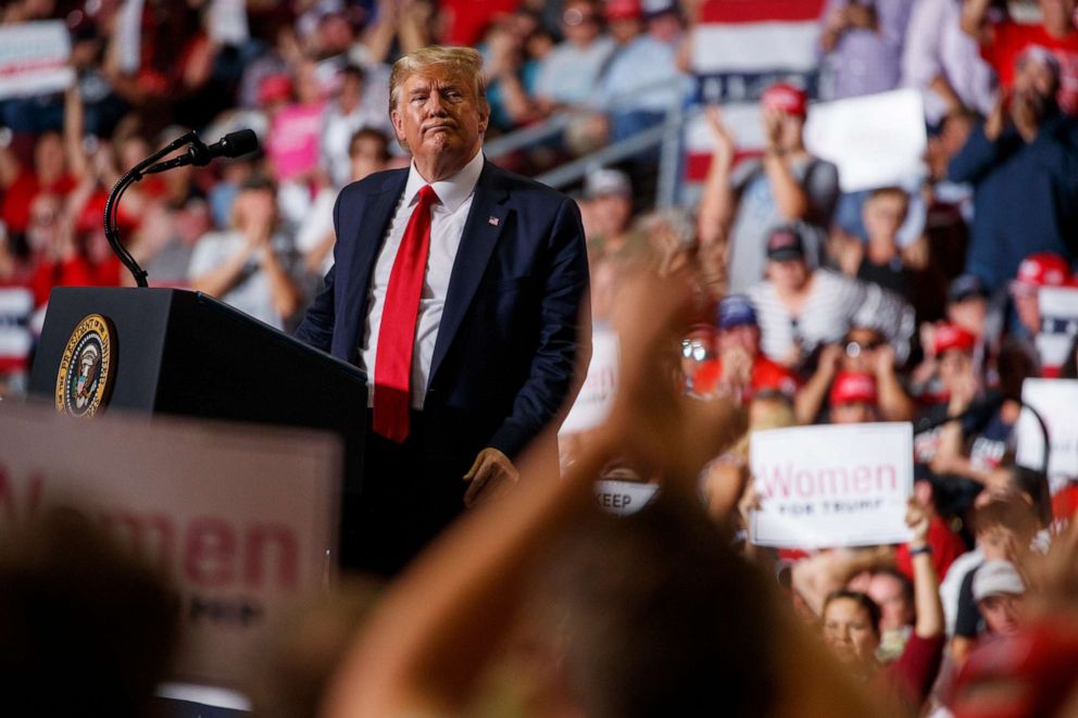 PHOTO: President Donald Trump speaks during a campaign rally at the Santa Ana Star Center, Monday, Sept. 16, 2019, in Rio Rancho, N.M.