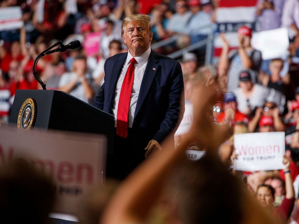 PHOTO: President Donald Trump speaks during a campaign rally at the Santa Ana Star Center, Monday, Sept. 16, 2019, in Rio Rancho, N.M.
