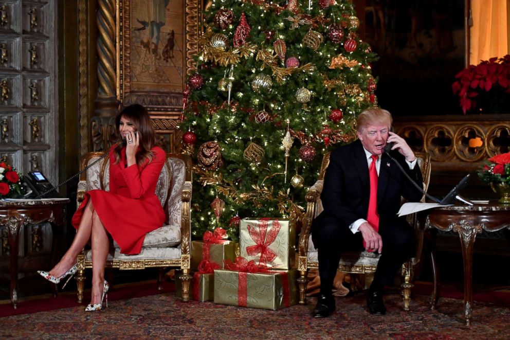 PHOTO: President Donald J. Trump and the First Lady Melania Trump participate in NORAD Santa Tracker phone calls at the Mar-a-Lago resort in Palm Beach, Florida, Dec. 24, 2017.