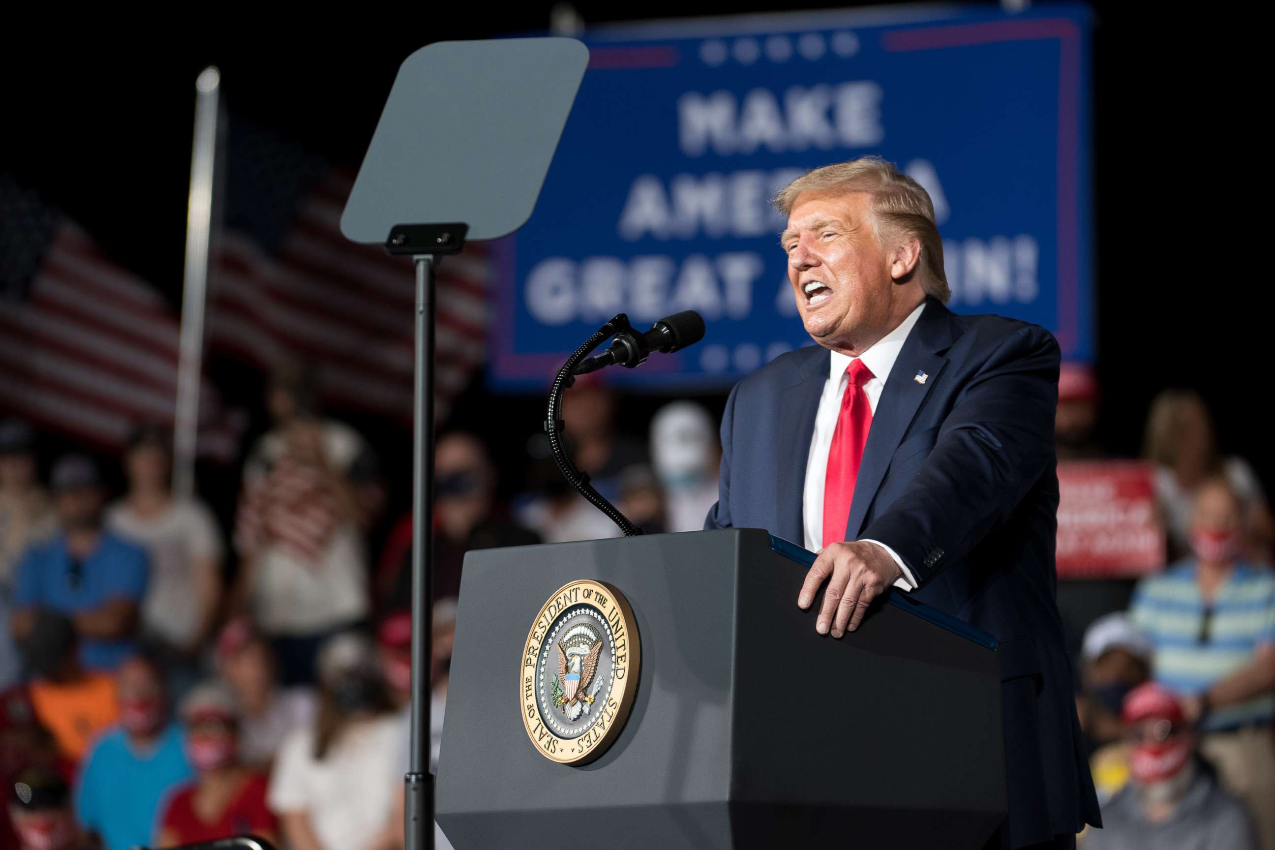 PHOTO: President Donald Trump addresses the crowd during a campaign rally at Smith Reynolds Airport on Sept. 8, 2020, in Winston Salem, NC.