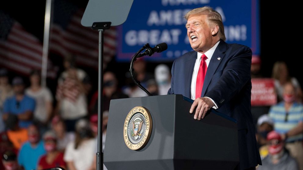 PHOTO: President Donald Trump addresses the crowd during a campaign rally at Smith Reynolds Airport on Sept. 8, 2020, in Winston Salem, NC.