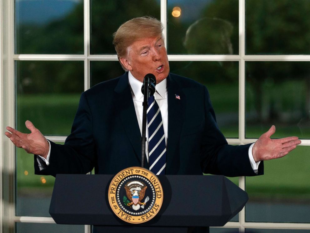 PHOTO: President Donald Trump speaks as he meets with business leaders, Aug. 7, 2018, at Trump National Golf Club in Bedminster, N.J.