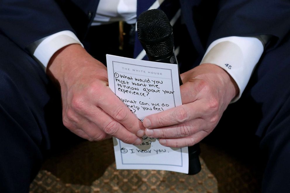 PHOTO: President Donald Trump holds his notes while hosting a listening session with students survivors of mass shootings in the State Dining Room at the White House, Feb. 21, 2018, after the mass shooting at Marjory Stoneman Douglas High School.