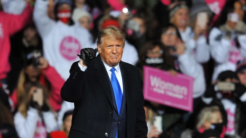 PHOTO: President Donald Trump speaks during a campaign rally, Oct. 27, 2020, in Omaha, Neb.