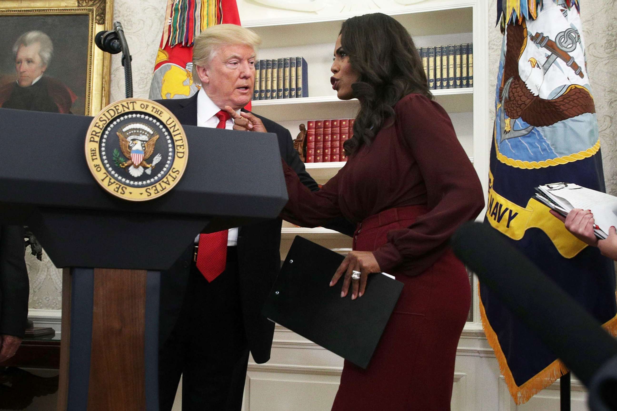 PHOTO: President Donald Trump listens to Director of Communications for the White House Public Liaison Office Omarosa Manigault during an event in the Oval Office of the White House in this Oct. 24, 2017 file photo in Washington.