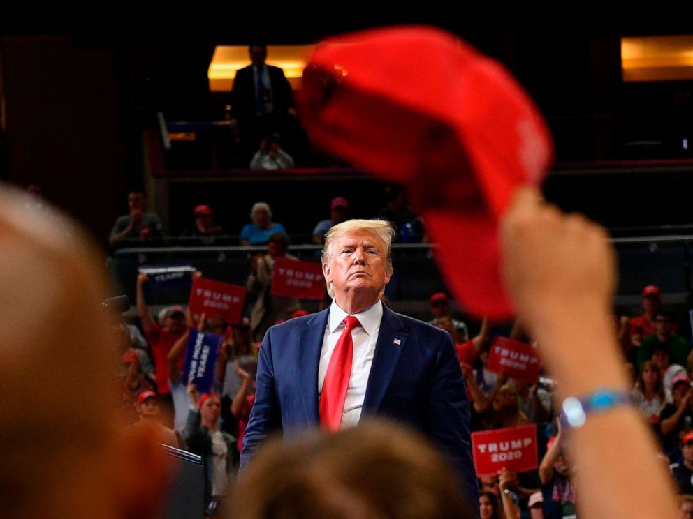 PHOTO: President Donald Trump speaks during a rally at the Amway Center in Orlando, Fla., to officially launch his 2020 campaign on June 18, 2019.