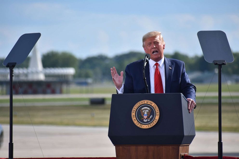 PHOTO: President Donald Trump delivers remarks during a campaign rally at Wittman Regional Airport's Basler Flight Service Hangar in Oshkosh, Wisconsin, Aug. 17, 2020.