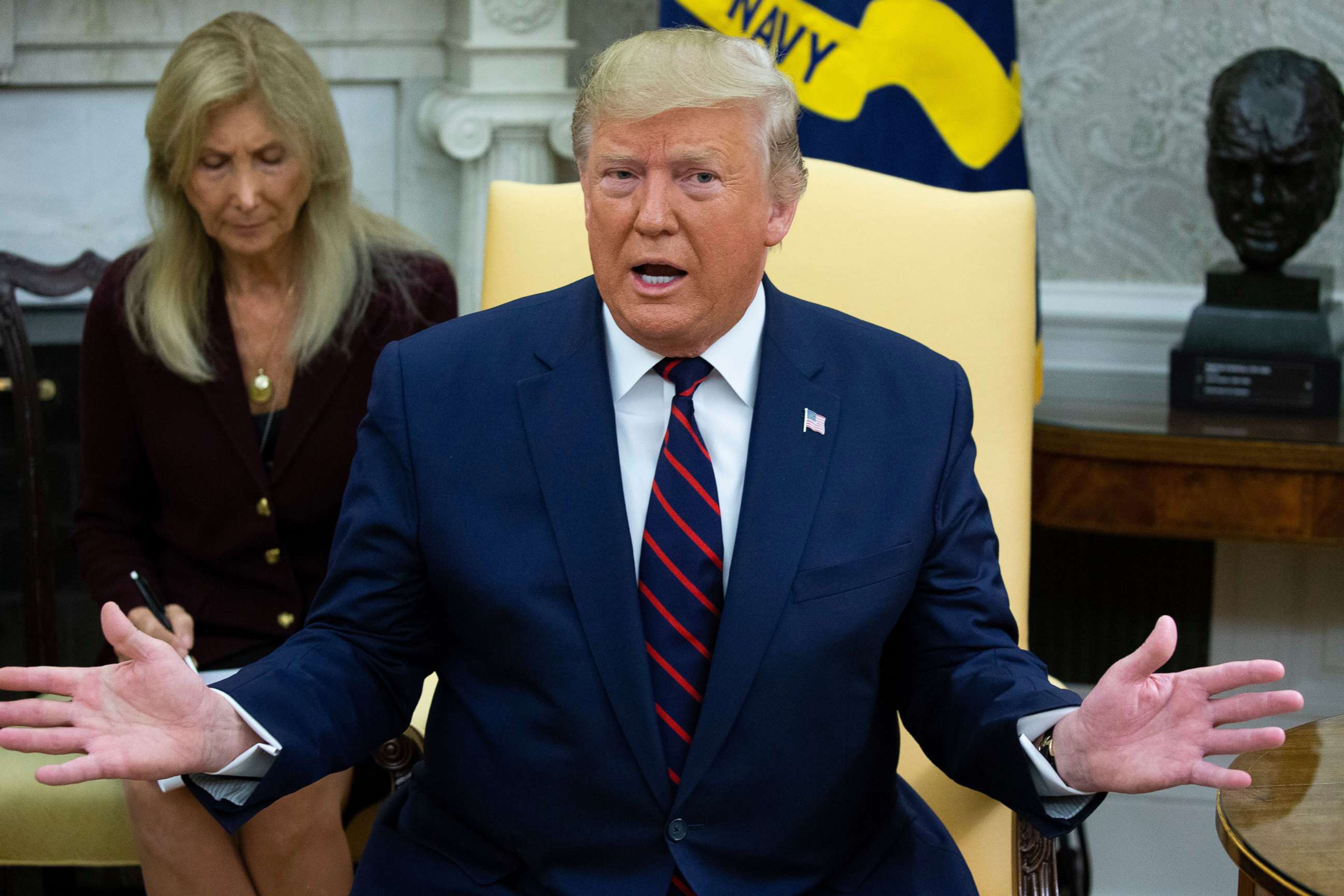 PHOTO: President Donald J. Trump delivers remarks during a meeting with President of Italy Sergio Mattarella (not pictured) in the Oval Office of the White House in Washington, DC, Oct. 16 2019.