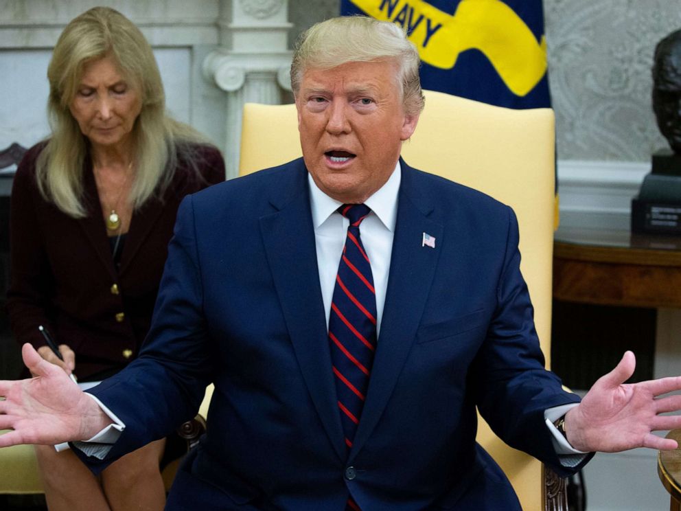 PHOTO: President Donald J. Trump delivers remarks during a meeting with President of Italy Sergio Mattarella (not pictured) in the Oval Office of the White House in Washington, DC, Oct. 16 2019.