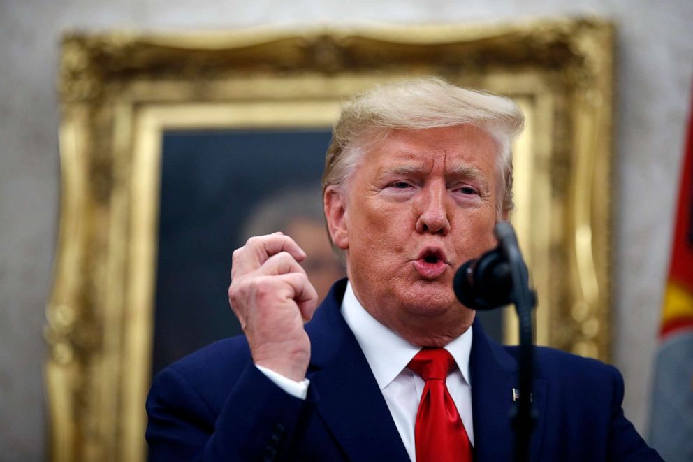 PHOTO: President Donald Trump speaks during a Presidential Medal of Freedom ceremony for auto racing great Roger Penske in the Oval Office of the White House, Oct. 24, 2019, in Washington.